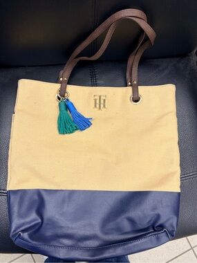 Nautical Colorblock TH Canvas Tote Bag – Cream & Navy with Tassel Charms